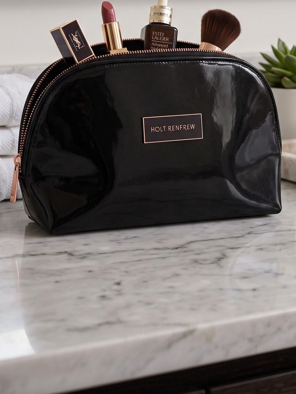 Holt Renfrew Patent Makeup Bag Glossy Quiet Luxury Minimalist Rose Gold